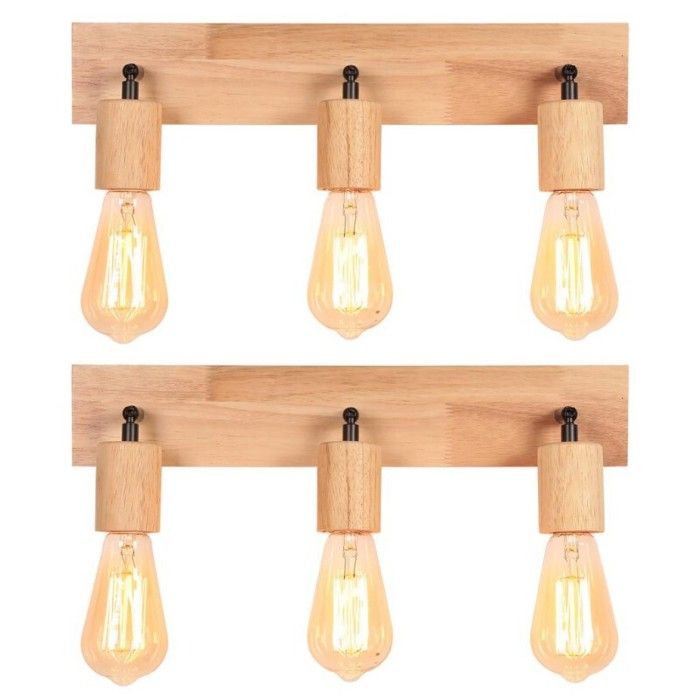 WOTTES Applique Murale Interieur Vintage E27 Lampe Murale Bois Tête de Lampe Orientable 3 Spots Luminaire 2pcs pour Salon Couloir