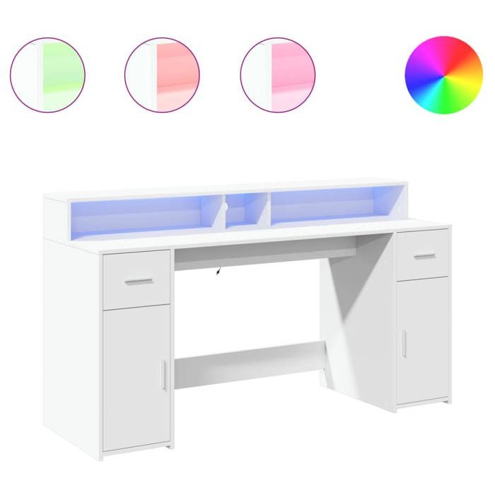 Bureau avec lumières LED Table détude - blanc 160x55x91 cm bois dingénierie CHY5389165