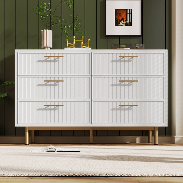 Commode 6 tiroirs - PUGSDRLY - AB20875152W - Blanc mat - Pieds en métal - Tiroirs cannelés