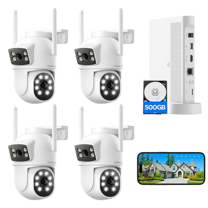 CAMCAMP Caméra de Surveillance WiFi Extérieur 2MP+2MP Double Objectif Double Écran 360° PTZ Suivi Automatique Vision Nocturne
