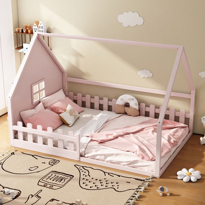 Lit double pour enfant 140*200 cm Lit de sol avec sommier à lattes lit cabine avec rails et rampe lit en pin Rose