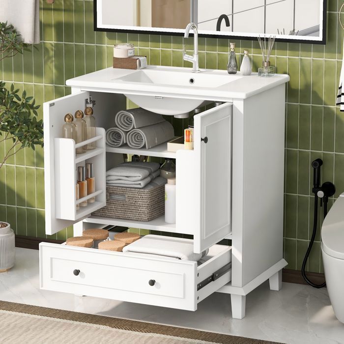 Meuble de salle de bain sur pied avec lavabomeuble sous-vasquerésistant à lhumidité et à leaulavabo en céramique intégréBlanc