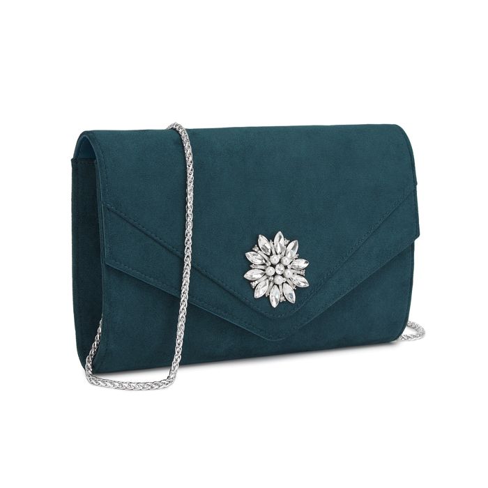 Pochette femme - Clutch cérémonie - Simili-suède & strass - Chaîne amovible - 24 x 16 x 3 cm