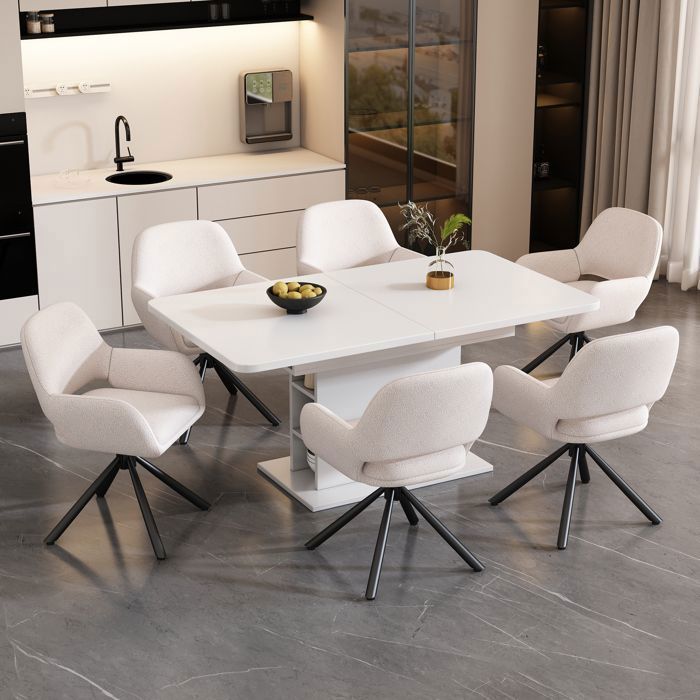 Lot de 6 chaises pivotantes en tissu bouclette blanc avec accoudoirs design moderne pour salle à manger