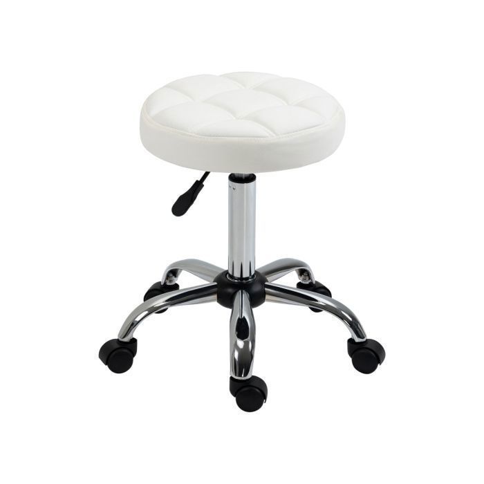 Tabouret à roulettes - Tabouret de travail pivotant - Similicuir blanc - Réglable - Siège 360° & 5 roulettes