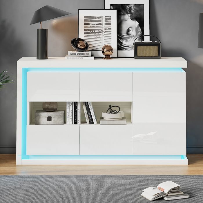 Buffet bahut - Becag - Buffet de salon moderne avec LED - Buffet bas avec 3 portes - 140x40x84cm - Blanc