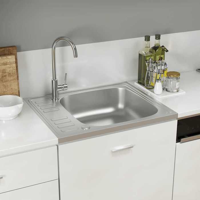 HSF®Évier de cuisine - 1 bac - Résistance à la chaleur jusquà 280 ° C - et égouttoir argenté 600x500x155 mm inox cvk47878