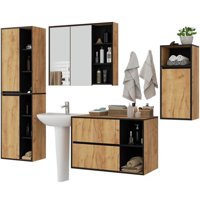 Ensemble de meubles de salle de bains VAMI suspendu Chêne Craft intérieur Noire Ensemble de meubles de salle de bains VAMI suspendu Chêne Craft intérieur Noire