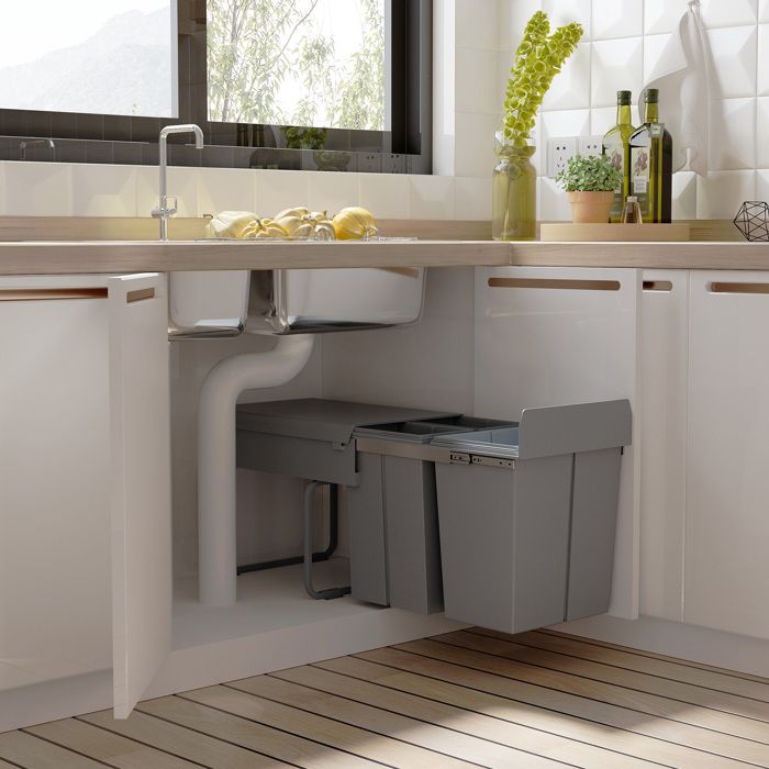 Poubelle coulissante 40L avec 3 bacs amovibles pour tri sélectif 2 x 10L et 1 x 20L - gris
