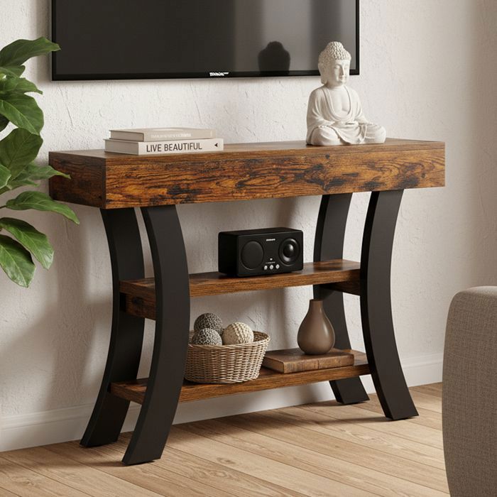 Table Console en Bois 105×30×80cm Cadre en arc à trois couches pour lEntry Couloir Salon Foyer Marron et Noir