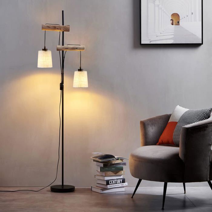 Lampadaire - OSASY - Osasy - Bois & métal - Abat-jour lin tressé - 168 cm