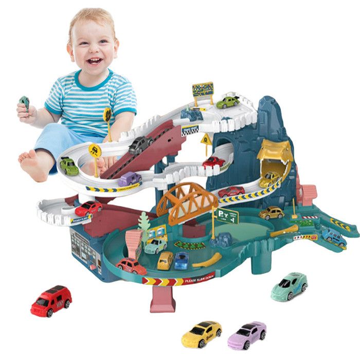 Piste D’aventure Montessori – 4 Voitures, 6 Boutons, 10 Défis, Gravité, Dès 3 Ans