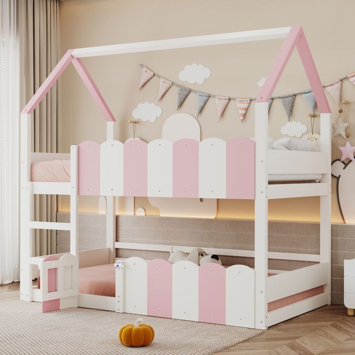 Lit superposé cabane enfant - MERAX - Rose et Blanc - 90x200 cm - Bois massif - Barrières renforcées Lit superposé cabane enfant - MERAX - Rose et Blanc - 90x200 cm - Bois massif - Barrières renforcées