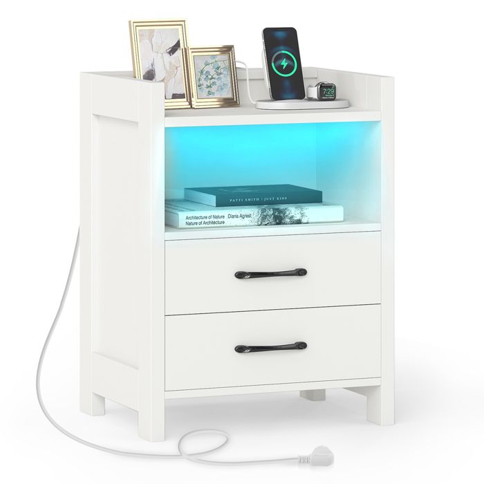 COSTWAY Table de Chevet LED avec Prises Électriques 2 Tiroirs et Étagère Ouverte pour Salon Chambre 45 x 35 x 60 cm Blanc COSTWAY Table de Chevet LED avec Prises Électriques 2 Tiroirs et Étagère Ouverte pour Salon Chambre 45 x 35 x 60 cm Blanc