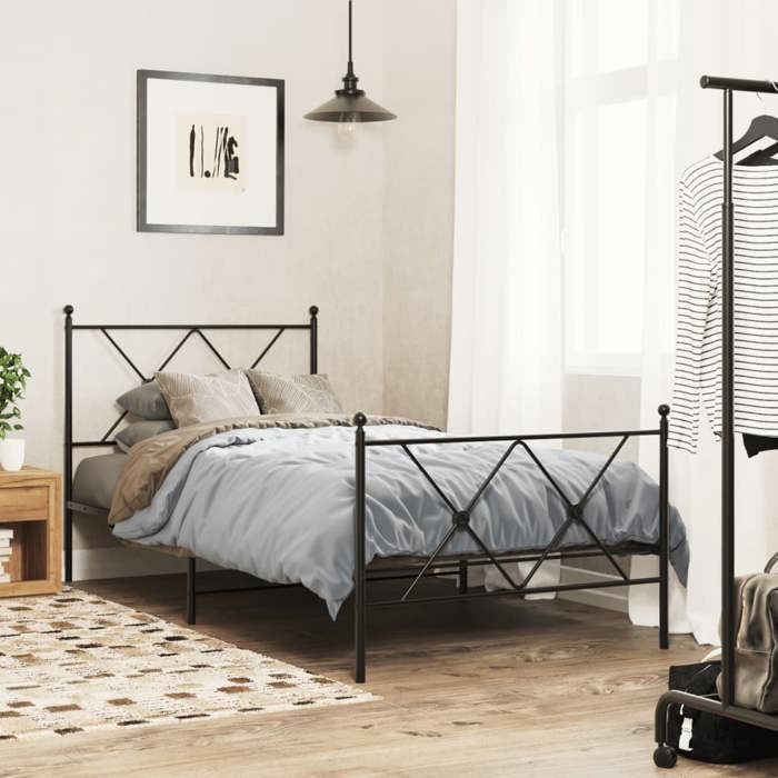 Structure de lit métal - UU - 90x190 cm - Noir - Acier - Espace de rangement - Tête de lit - Pied de lit
