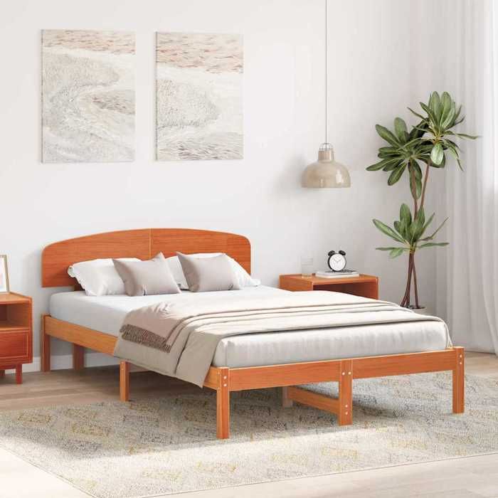 Structure de lit avec tête de lit - UU - 140x190 cm - Pin massif - Marron cire - Cadre à lattes - Lit double