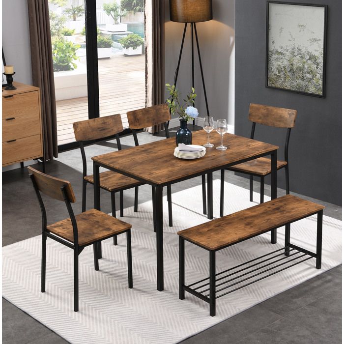 Ensemble table et chaises 6 pièces. 1 table à manger + 4 chaises de salle à manger + 1 tabouret. 6 personnes. marron
