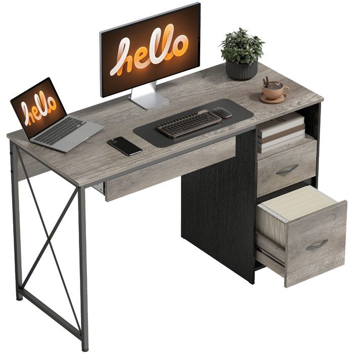 Bureau dordinateur - HOMCOM - plateau clavier compartiment ouvert et 2 tiroirs - style industriel - bois - 120×50cm - gris clair