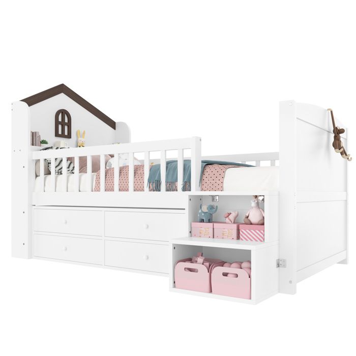 Lit enfant 90x200 cm - Lit Simple avec Cabane Éclairage LED et Tiroirs de Rangement - Mi-Hauteur Bois MDF - Blanc