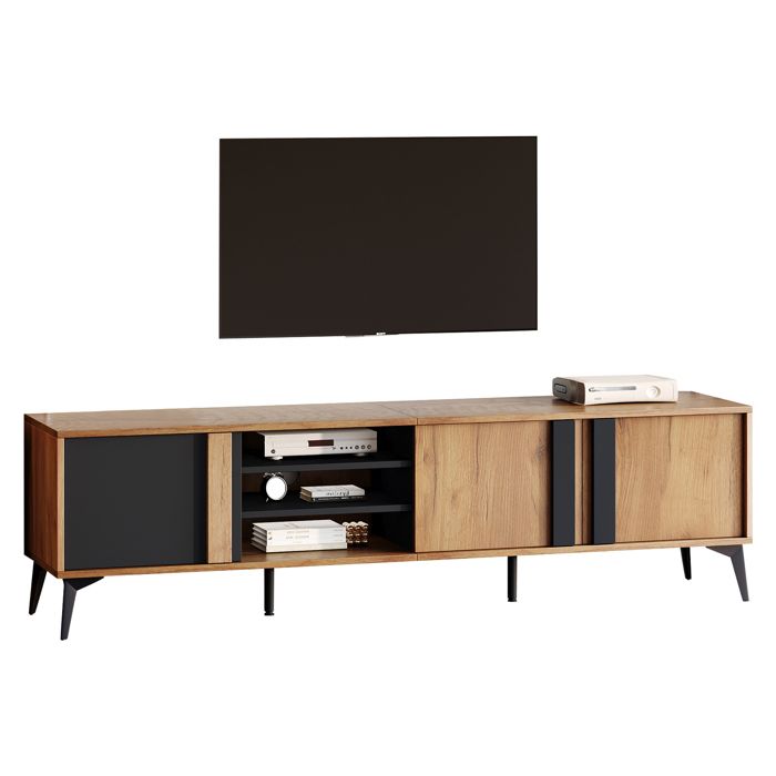 Meuble TV 180 Cm - Avec Portes de Rangement Et Niveaux Ouverts MDF + Fer Style Rustique - Noir Et Brun