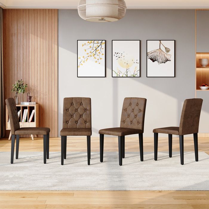 Lot de 4 chaises de salle à manger rétro 42x46x89 cm avec dossier matelassé pieds en métal noirs en tissu brun