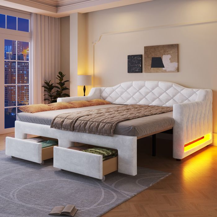 Lit gigogne 90x200 à 180x200 cm Canapé-lit convertible avec 2 tiroirs et éclairage LED MDF blanc