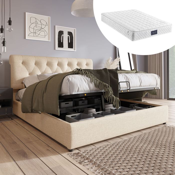 Ensemble lit coffre et matelas 160x200 lit double capitonné tissu naturel avec rangement hydraulique et matelas ressorts 7 zones H3