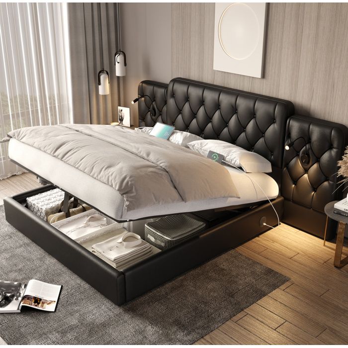 Lit Coffre 160x200 cm EVRYAE - avec USB lampes de lecture et tête de lit allongée sans Matelas - Noir PU