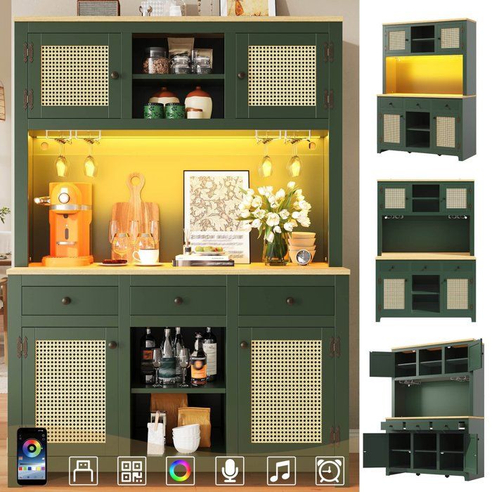 Buffet de haute LEDs en rotin PE grand meuble de rangement avec tiroirs étagères réglables anti-basculement cuisine séjour vintage