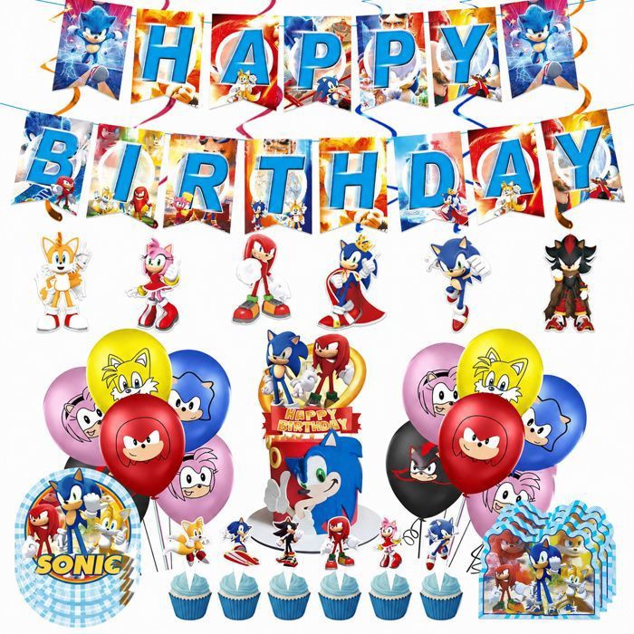 Kit Décoration Anniversaire 98 PCS Bleu Fête Cartoon avec Ballons Bannière Fanions Assiettes Gâteau et Accessoires de Table