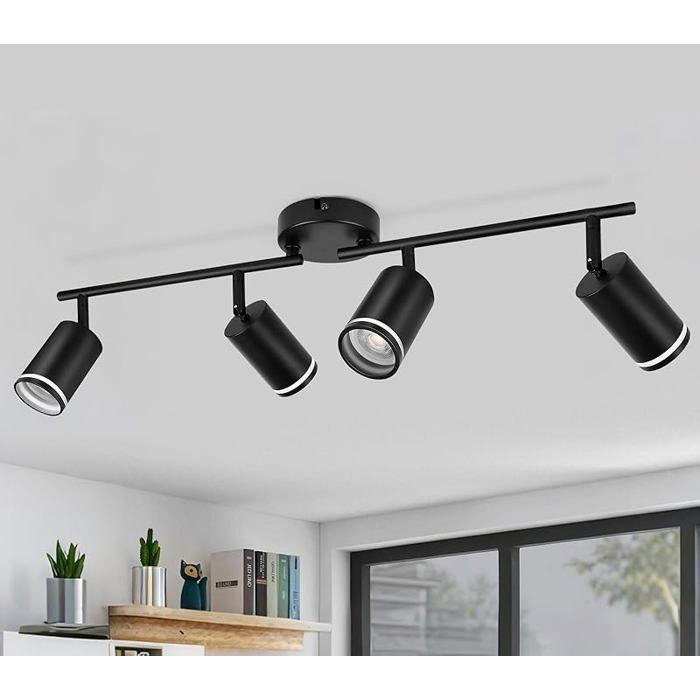 Luminaire plafonnier 4 spots orientables GU10 LED noir rampe linéaire