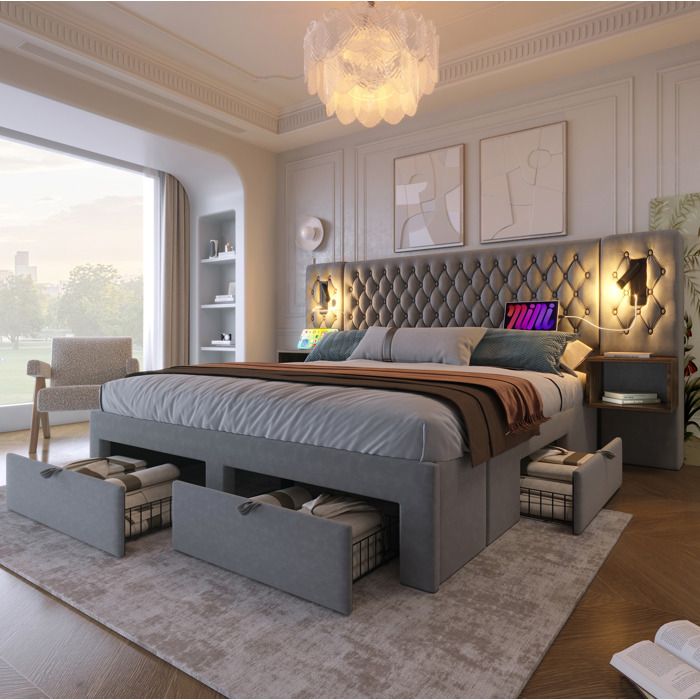 COVREO Lit double 160x200 cm avec 2 chevets 4 tiroirs liseuses USB Type-C velours gris vintage
