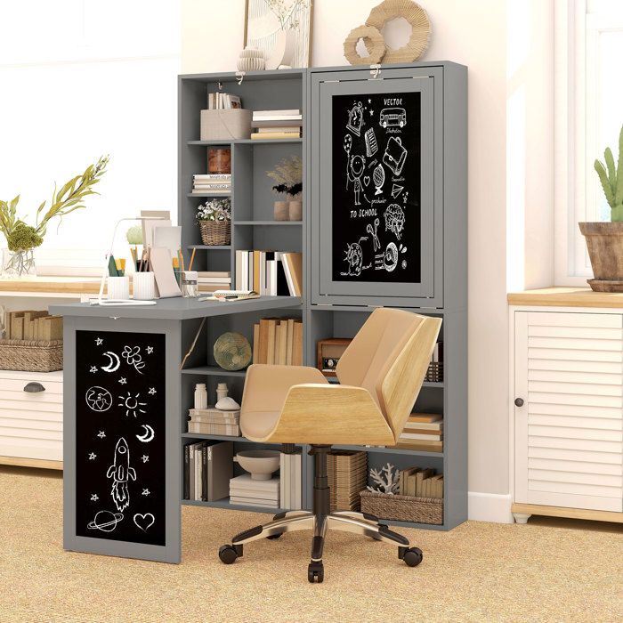 Bureau PC pliable avec bibliothèque 9 étagères en bois et métal 98 x 51 x 153 cm gris