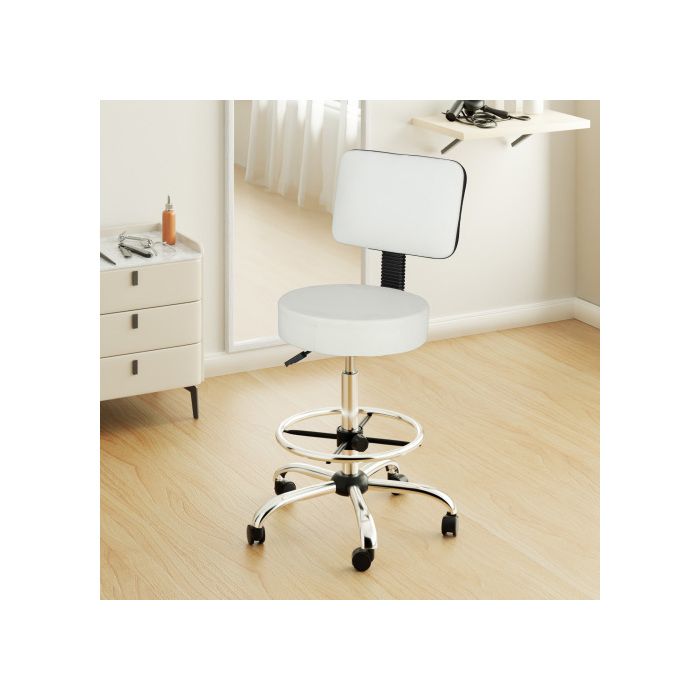 Tabouret roulettes Professionnel avec Dossier VINGLI Tabouret de Bureau Rotation à 360° Hauteur Réglable 94-105cm PU Blanc