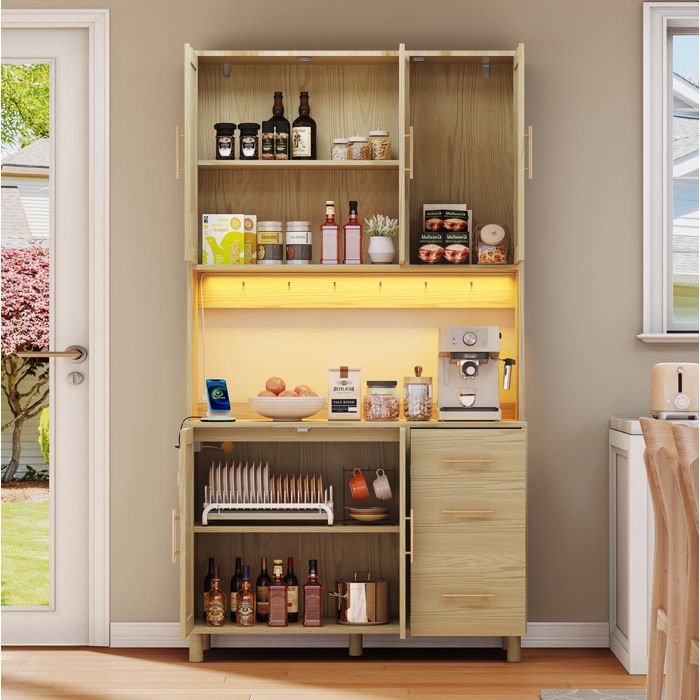 Buffet de cuisine 100 x 40 x 183 cm avec LED multicolore 2 prises USB 3 tiroirs MDF naturel