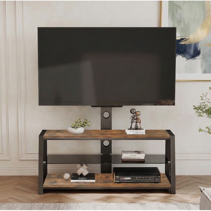 COVREO Meuble TV avec support TV réglable pivotant 3 niveaux MDF métal et verre trempé noir marron
