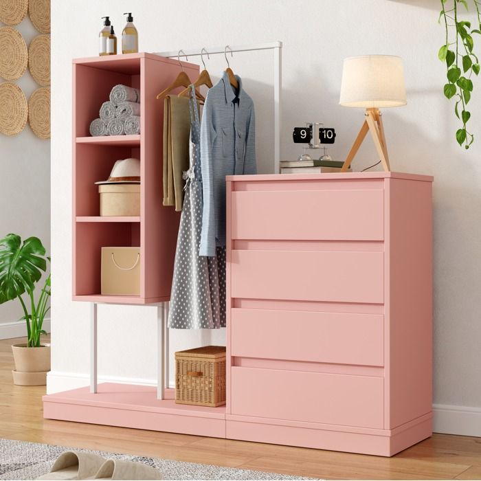 Armoire penderie à tiroirs et barre de penderie 140 x 40 x 135 cm - LPOSPI - panneaux de particules métal rose blanc