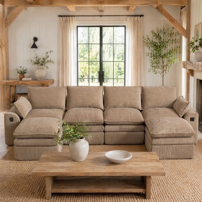 Canapé Modulaire 4 Places avec 2 Poufs et Poches Latérales - BEAUNIV - Mousse 3 Couches Velours Côtelé Kaki