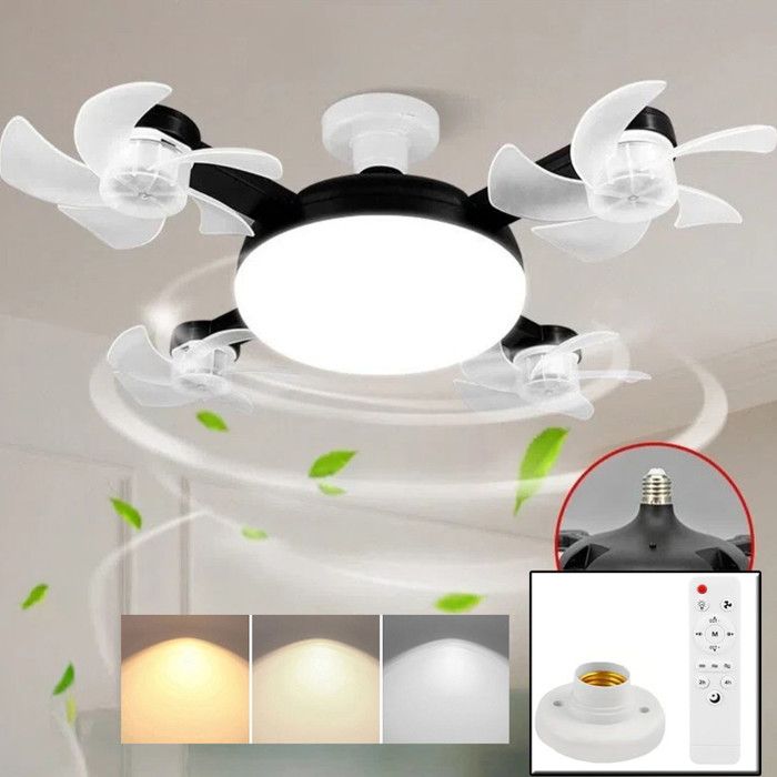 LED Ventilateur Plafond avec Lumiere 4 Fan têtes Lampe Ventilateur Plafonnier et Télécommande Socle 3 Vitesses 3 Couleurs Noir