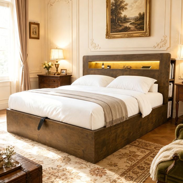 Lit Coffre 180x200 Bois Marron Sommier A Lattes FloraGrace Pour Chambre Adulte Rangement Hydraulique 219 5x181x107cm