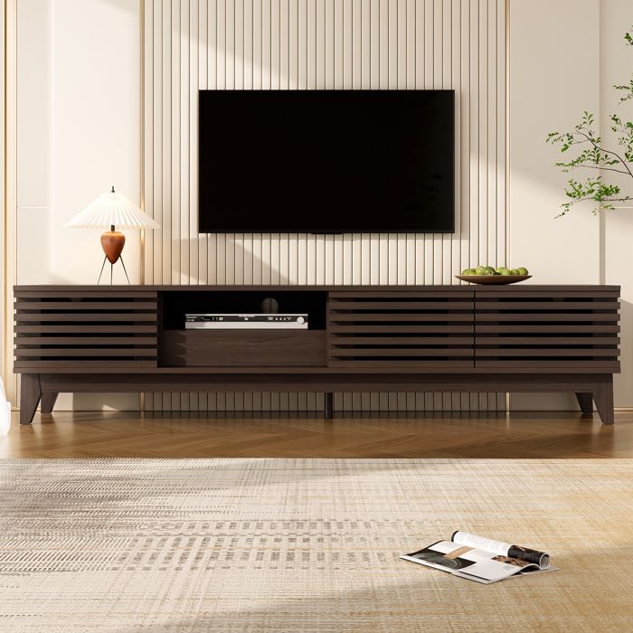Meuble TV Bas 170x35x40 cm 3 Portes et 1 Tiroir Façades à Lattes Niches Ouvertes Passe-Câbles - Effet Bois Vintage