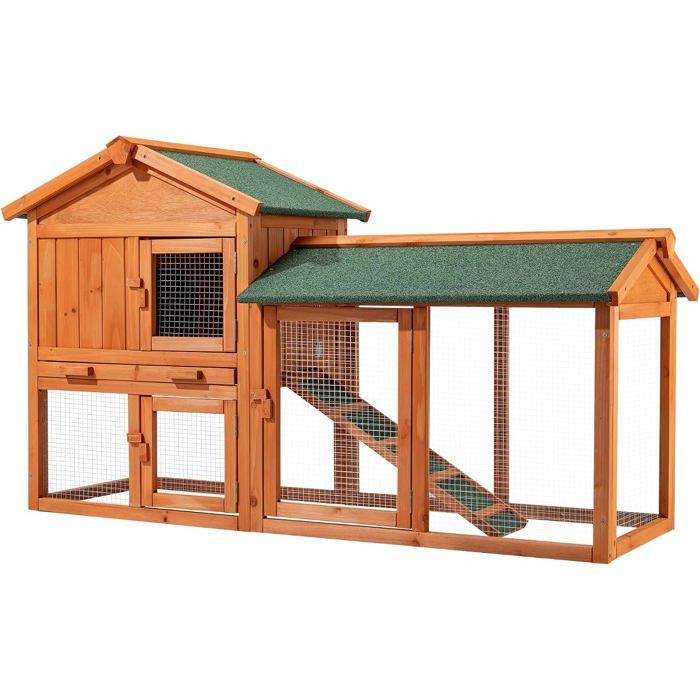 Clapier 2 niveaux bois sapin 1470x520x855 mm - toit bitume rampe et bac amovible - abri rongeurs enclos extérieur