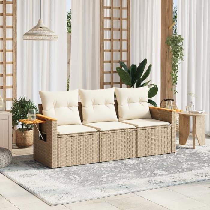 Beige Salon de jardin avec coussins 3 pcs beige résine tressée - Meuble de balcon LV55045