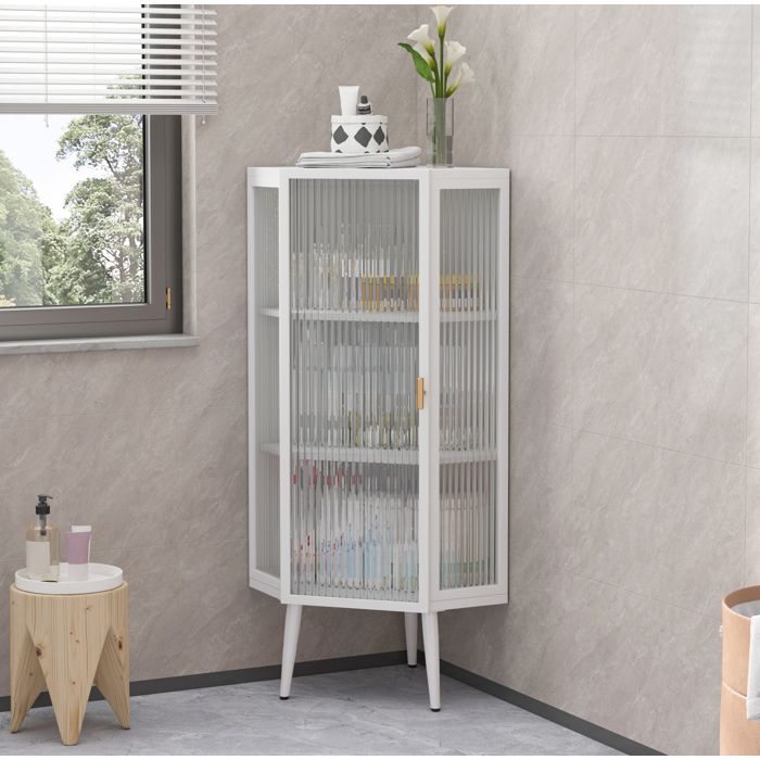 Colonne d’angle de salle de bain EVRYAE 110 cm 3 niveaux 1 porte verre trempé et métal blanc