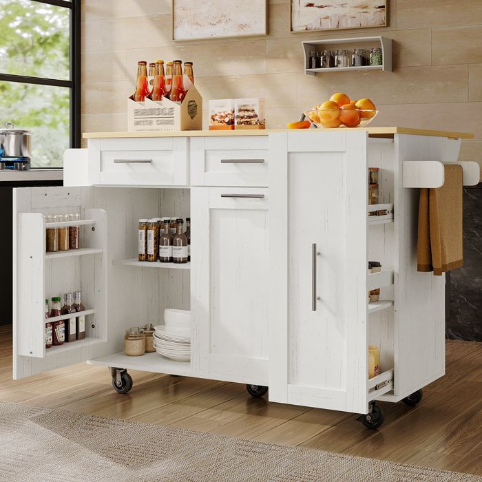 Zitty Îlot de Cuisine sur Roulettes Desserte Extensible avec Rangement 110x74x90.5cm MDF et Métal Blanc et Bois