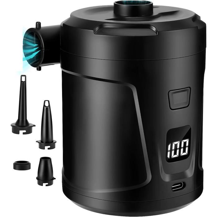 1 Pompe à Air Électrique 5200mAh Batterie Rechargeable Gonfleur Rapide 300L/min avec 4 Buses pour Bateau Matelas Pataugeoire