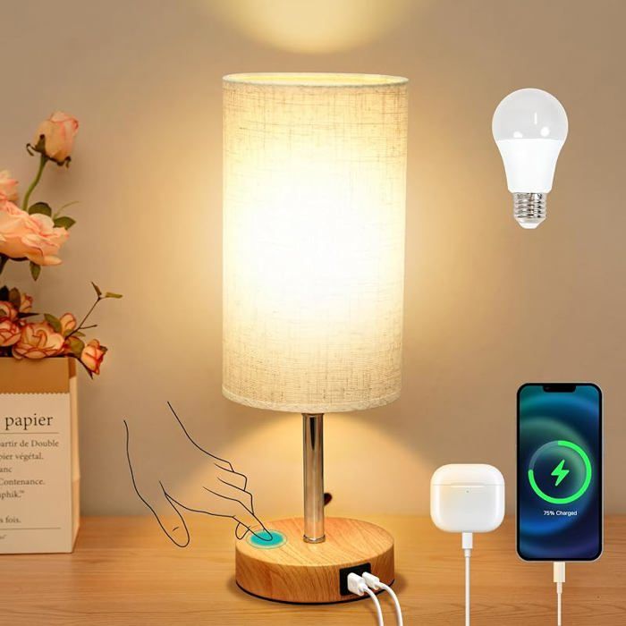 Lampe de chevet tactile intensité variable mpe de table avec ports de charge USB A/C abat jour en 1 Beige Naturel