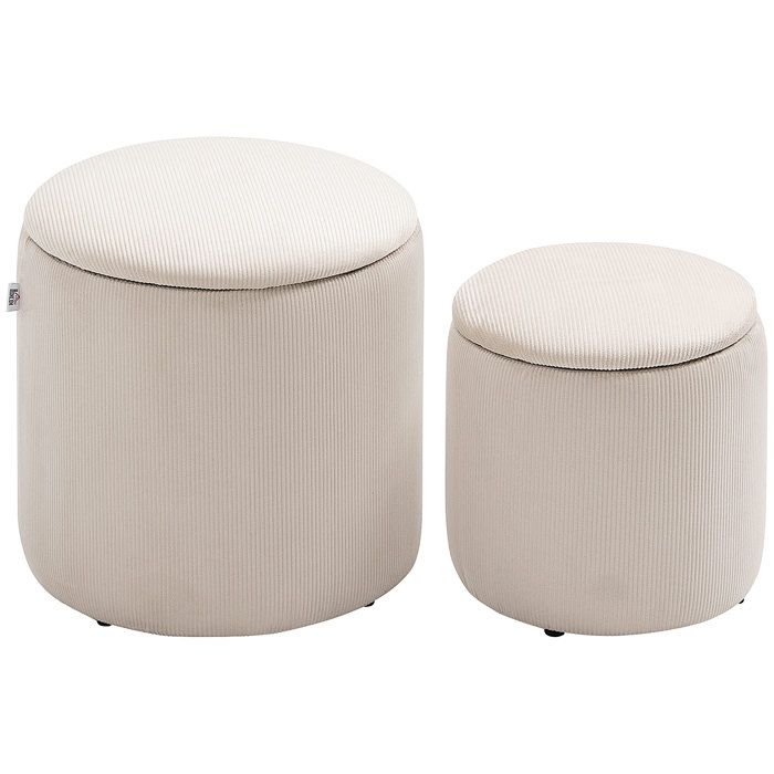 Poufs de rangement ronds - Tabourets coffres rembourrés - Lot de 2 - Velours côtelé - Blanc - Dimensions 40 x 40 x 41 cm - ZENLINKJH