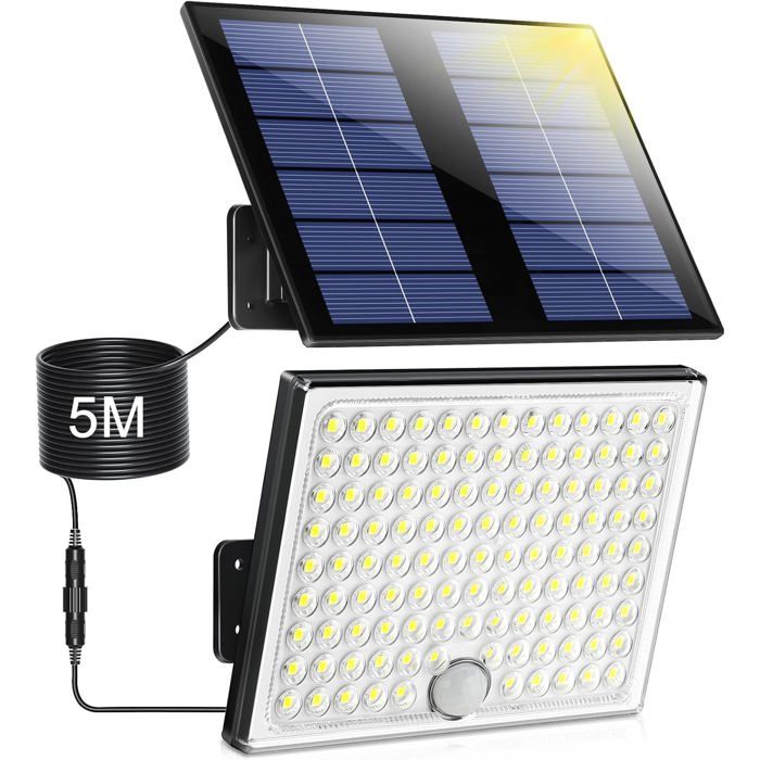 Lampe solaire extérieure 113 LED avec détecteur mouvement et câble 5 m - 2000 mAh 4 modes IP65 1 pièce