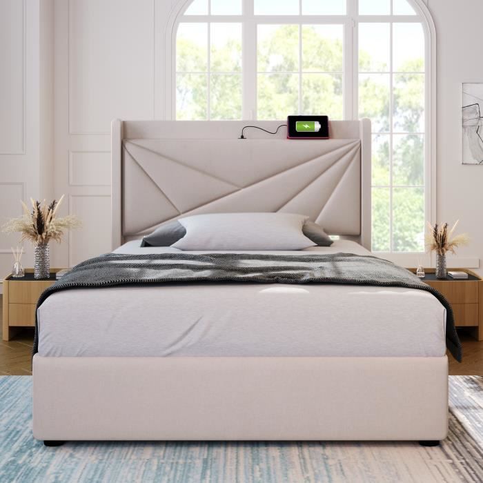 lit simple 90x200 cm avec tête de lit rechargeable usb type c, espace de rangement avec sommier à lattes (matelas non inclus)